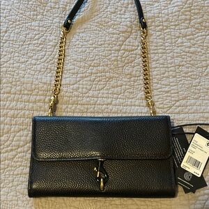 Rebecca Minkoff Black Leather Crossbody Bag with Gold Chain.